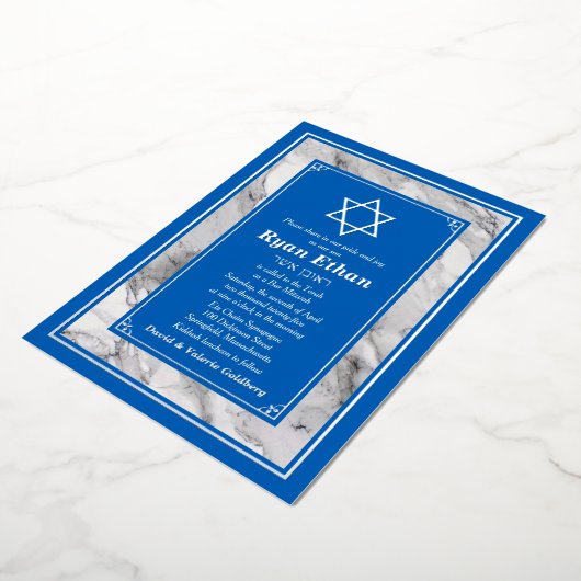 Israël Blauw Marmeren Ster van David Bar Mitzvah Folie Uitnodiging (Gedraaid)