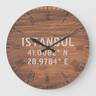 Istanbul Latitude & Longitude Dark Wood  Grote Klok
