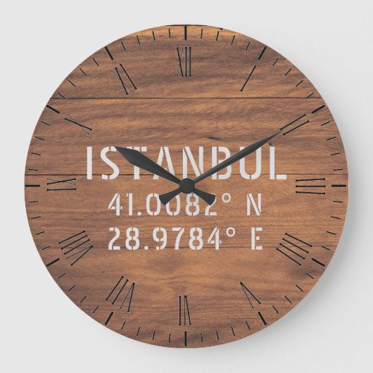 Istanbul Latitude & Longitude Dark Wood  Grote Klok (Voorkant)