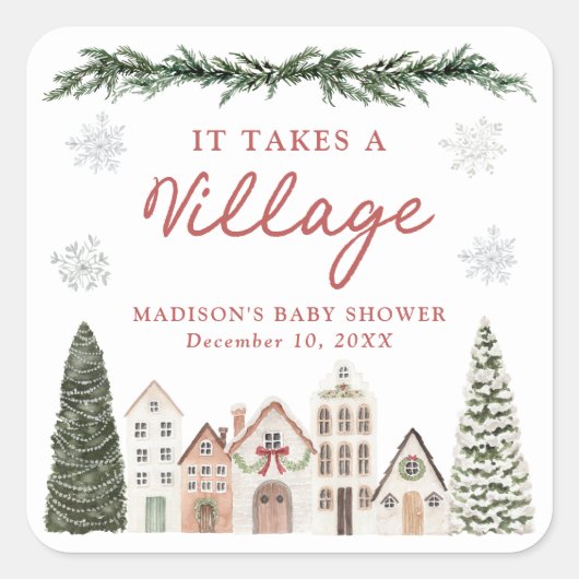 It Takes a Village Snowflake Winter Baby Shower Vierkante Sticker (Voorkant)