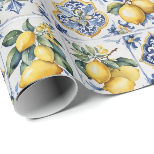 Italiaans Amalfi blauw witte tegels citroenen Cadeaupapier (Rol Hoek)