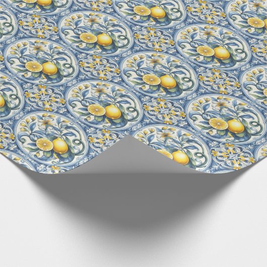 Italiaans Amalfi blauw witte tegels citroenen Cadeaupapier (Hoek)