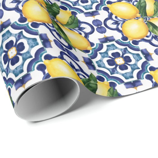 Italiaans Amalfi blauw witte tegels citroenen Cadeaupapier (Rol Hoek)