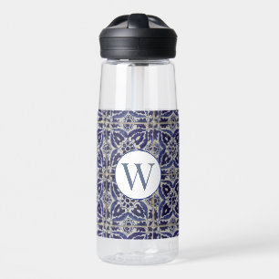 Italiaans Azulejo Blue White Geometric Monogrammed Waterfles