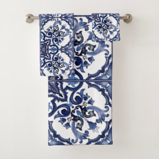 Italiaans Blauw en Wit Siciliaans Majolica Mozaïek Bad Handdoek