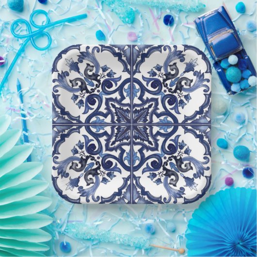 Italiaans Blauw en Wit Siciliaans Majolica Mozaïek Papieren Bordje (Feest)