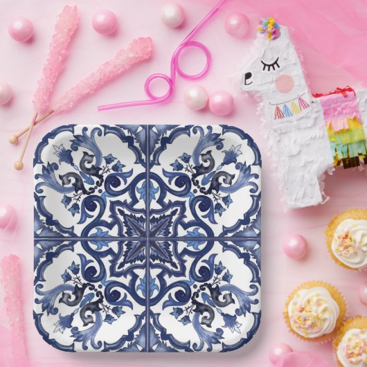Italiaans Blauw en Wit Siciliaans Majolica Mozaïek Papieren Bordje (Feest)