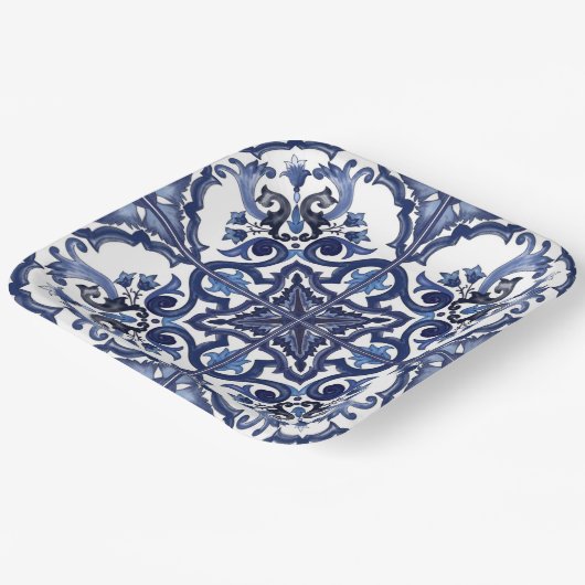 Italiaans Blauw en Wit Siciliaans Majolica Mozaïek Papieren Bordje (Gebogen)