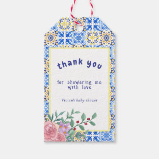 Italiaans Blauw Tegel Mamma Mia Baby shower Cadeaulabel