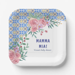 Italiaans Blauw Tegel Mamma Mia Baby shower Papieren Bordje
