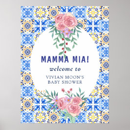 Italiaans Blauw Tegel Mamma Mia Baby shower Poster