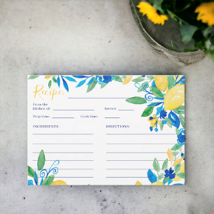 Italiaans citroenblauw bloemenscript bruidsrecept  informatiekaartje