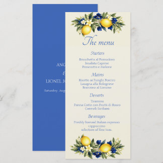 Italiaans citroenblauw bloemig huwelijk menu