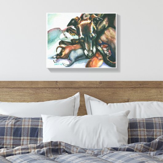 Italiaans Greyhound met pasgeboren Puppies Canvas Afdruk (Insitu (Slaapkamer))