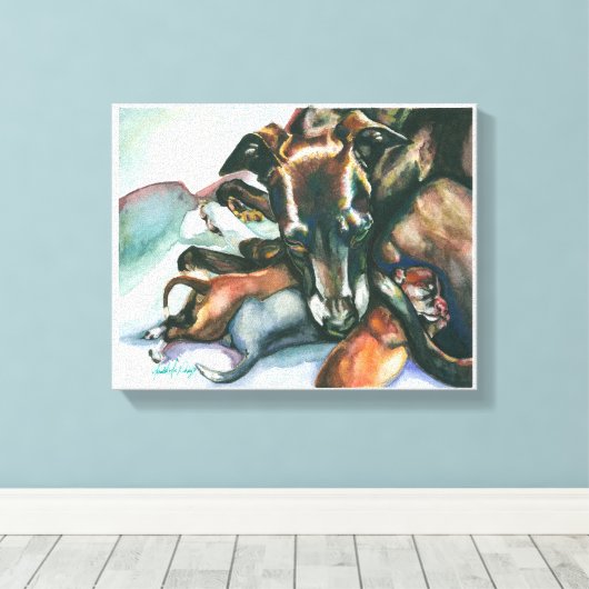 Italiaans Greyhound met pasgeboren Puppies Canvas Afdruk (Insitu (Houten vloer))