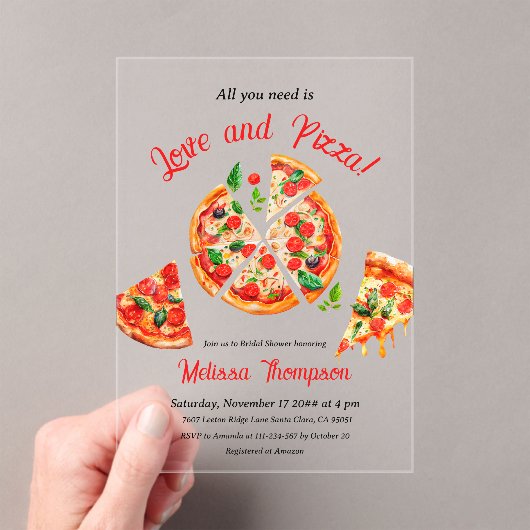 Italiaans Liefde & Pizza Party Slice Vrijgezellenf Acryl Uitnodigingen (Insitu (Draagbaar))