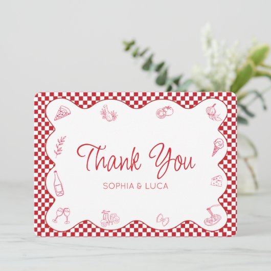 Italiaans-thema rood geruite bruiloft dank u bedankkaart (Staand voorkant)