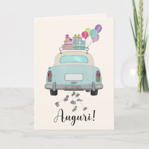 Italiaanse Auguri Trouwdag Blauwe Retro Auto Kaart