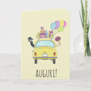 Italiaanse Auguri trouwdag gele retro auto Kaart