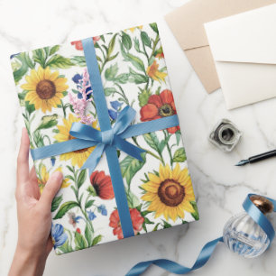 Italiaanse blauwe rode gele zonnebloemen bloemige cadeaupapier