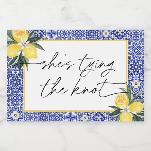 Italiaanse Blauwe Tegel Bruidsbruiloft Champagne Sparkling Wijnetiket (Enkel label)