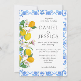 Italiaanse blauwe tegel waterverf citroenbruiloft kaart