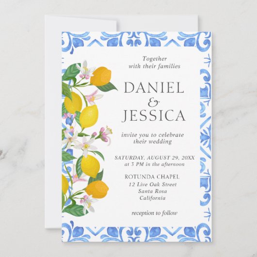 Italiaanse blauwe tegel waterverf citroenbruiloft kaart (Voorkant)