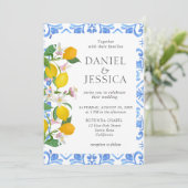 Italiaanse blauwe tegel waterverf citroenbruiloft kaart (Staand voorkant)