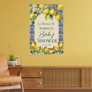 Italiaanse blauwe tegels aquarel citroen baby verw poster