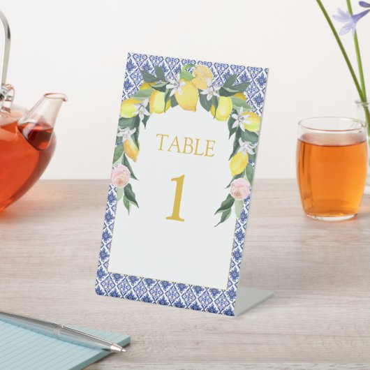 Italiaanse blauwe tegels citroen bruidsontbijt taf reclamebord met voetstuk (Insitu)