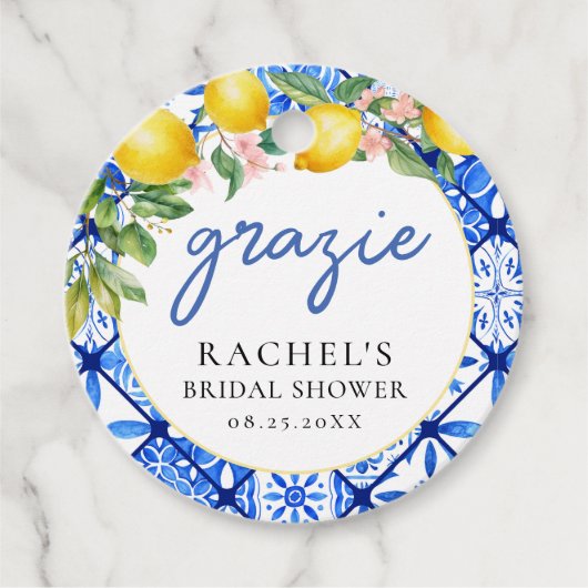 Italiaanse blauwe tegels citroenen bruiloft dank j bedankjes labels (Voorkant)