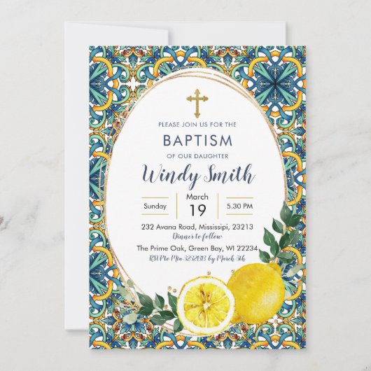 Italiaanse Blauwe Tegels Lemon Baptism Uitnodiging (Voorkant)