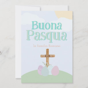 Italiaanse Buona Pasqua Pastel Paaseieren en Kruis Feestdagenkaart