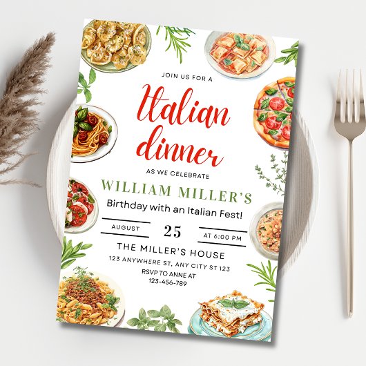 Italiaanse diner verjaardagsuitnodiging, pasta & p kaart