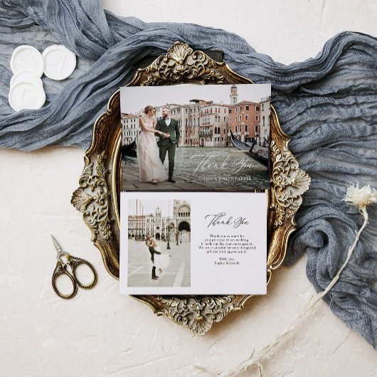 Italiaanse Elegance Classic Script Twee foto bruil Bedankkaart
