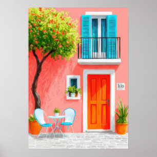 Italiaanse gevel met een bloeiende boom poster