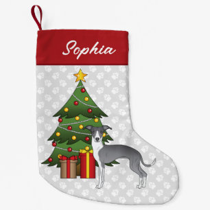 Italiaanse Greyhound in blauw en wit & Kerstboom Kleine Kerstsok