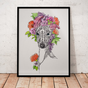 Italiaanse griezelhond portret bloemen kunst poster