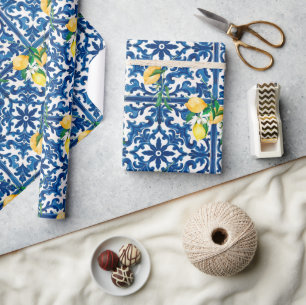 Italiaanse stijl, Mediterraan, mozaïek, blauw, cit Cadeaupapier