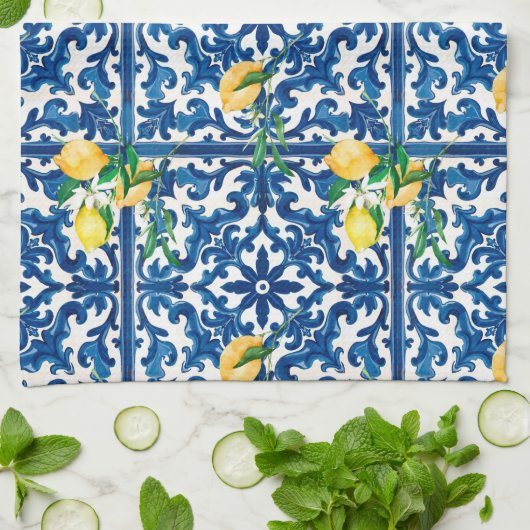 Italiaanse stijl, Mediterraan, mozaïek, blauw, cit Theedoek (Gevouwen)