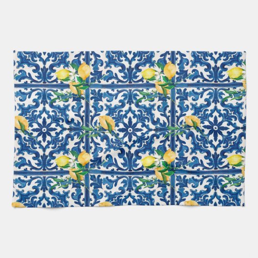 Italiaanse stijl, Mediterraan, mozaïek, blauw, cit Theedoek (Horizontaal)