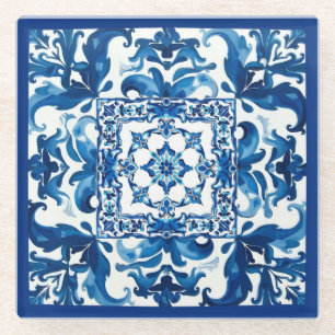 Italiaanse stijl, Mediterraan, mozaïek, blauw, Glazen Onderzetter