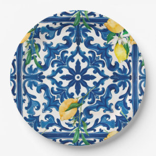 Italiaanse stijl, Mediterraan, mozaïek, blauw, Papieren Bordje