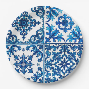 Italiaanse stijl, Mediterraan, mozaïek, blauw, Papieren Bordje