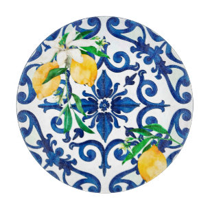 Italiaanse stijl, mozaïek, blauw, citroen, snijplank