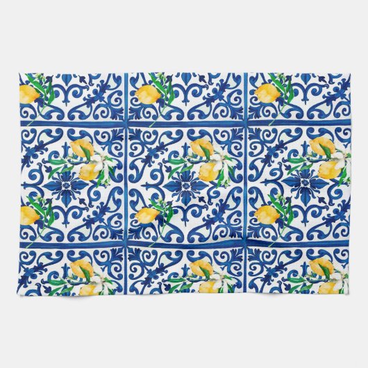 Italiaanse stijl, mozaïek, blauw, citroen, theedoek (Horizontaal)