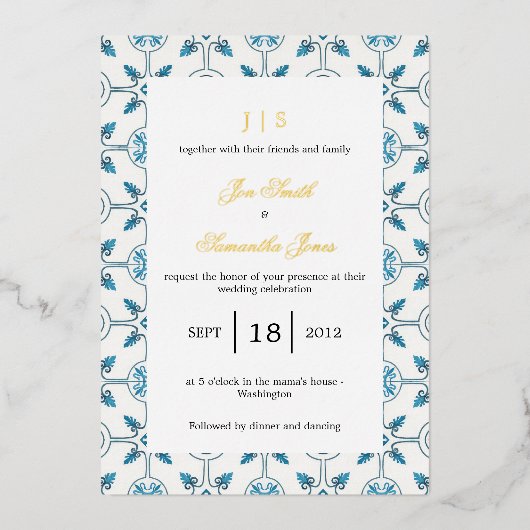 Italiaanse tegel blauw folie uitnodiging (Voorkant)