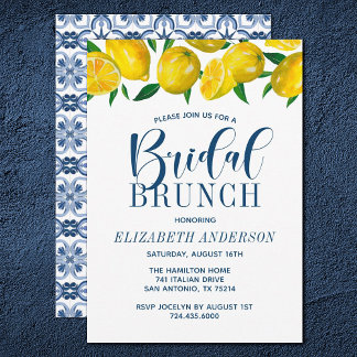 Italiaanse Waterverf Blauwe Tegel Lemon Bridal Bru Kaart