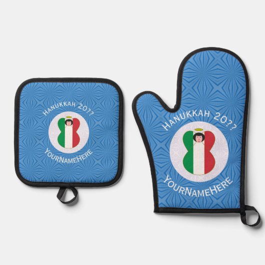 Italian Angel Hanukkah Flag Personalized  Ovenwant & Pannenlap Set (Voorkant)