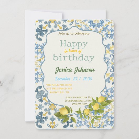 Italian Blue Tile Lemon Invitation Kaart (Voorkant)